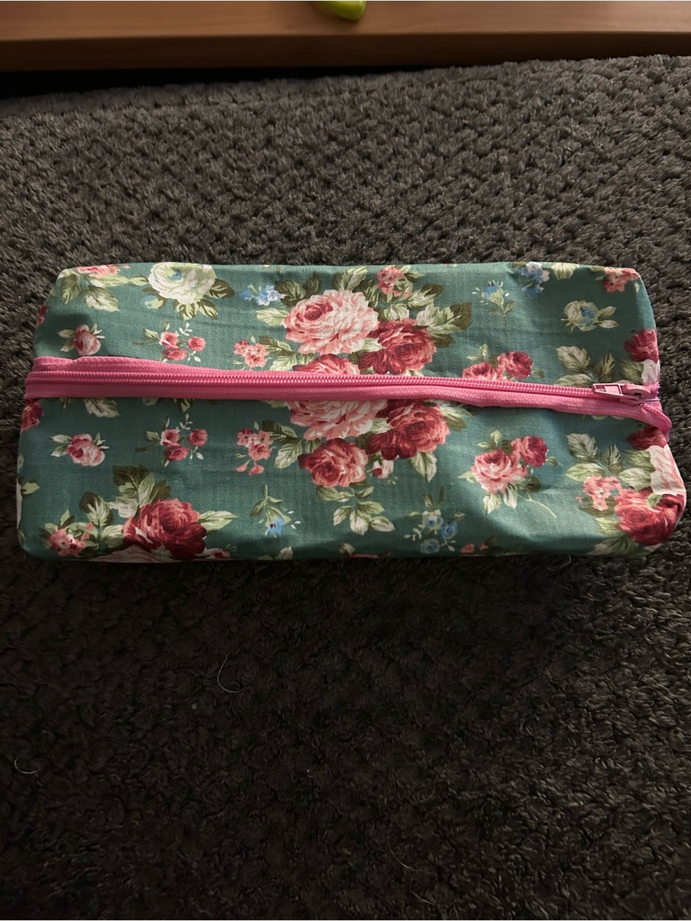 Hand Crafted Floral Pencil Case - Teal with Pink Roses